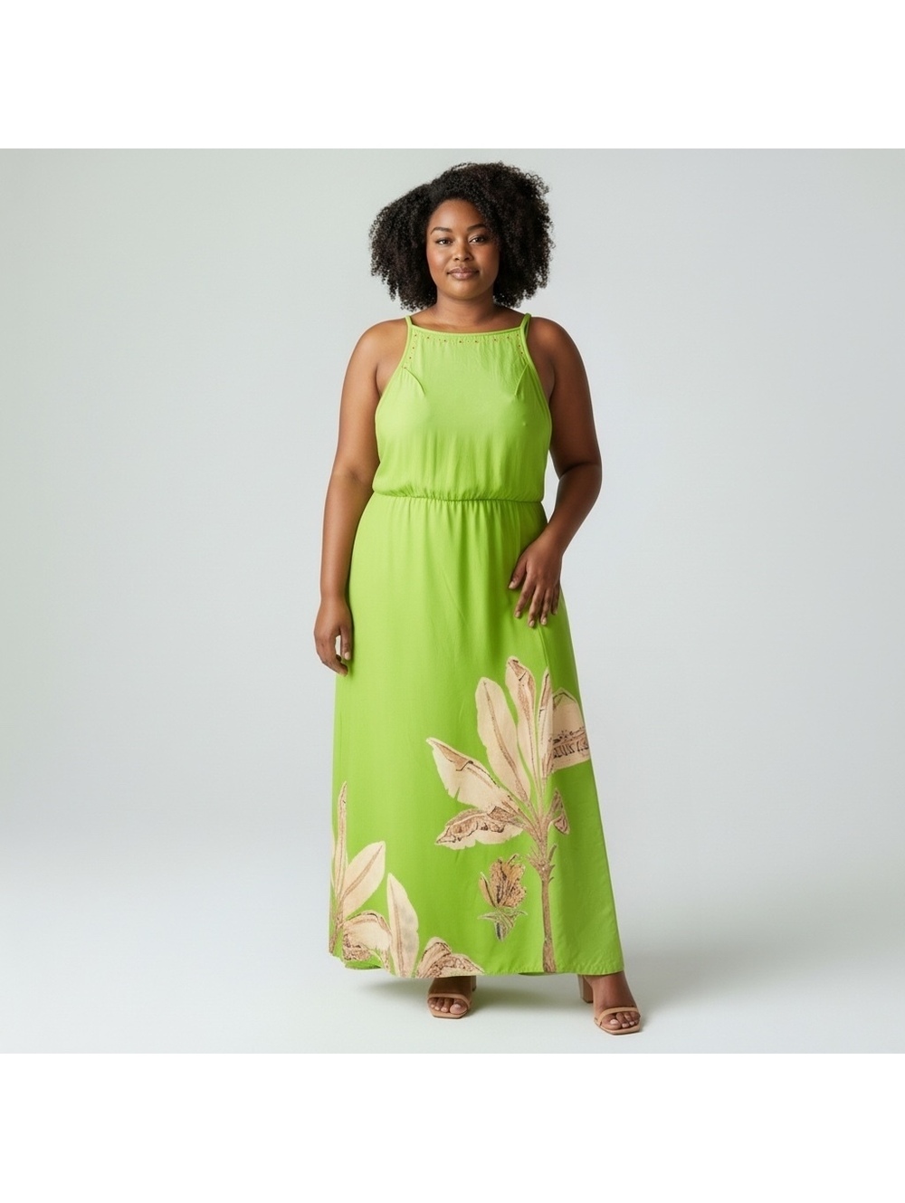 Green Tropical Palm Print Maxi Dress Plus Size 2XL Adjustable Straps Resortwear